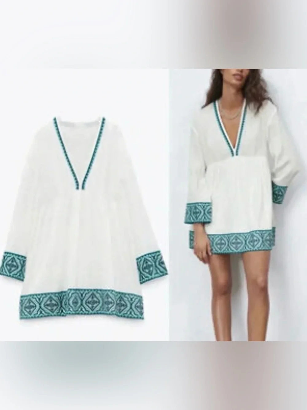 Zara White Tunic Swim Coverup with Teal Embroidered Trim